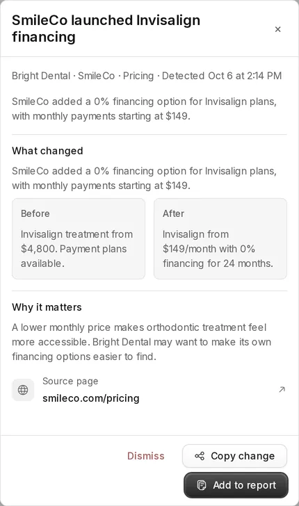 A pricing change detected by Tonic: SmileCo added 0% financing for Invisalign plans, shown with before and after, why it matters for the client and the source page